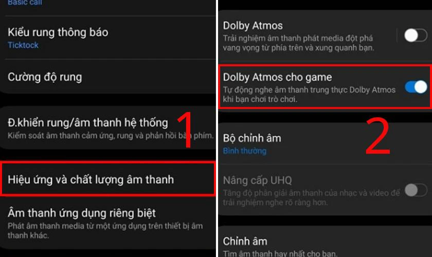 Chọn Hiệu ứng và chất lượng âm thanh, kích hoạt nút bên cạnh mục Dolby Atmos cho game