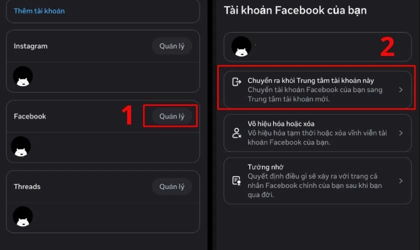 Chọn phần Quản lý nền tảng Facebook, chọn Chuyển ra khỏi Trung tâm tài khoản này