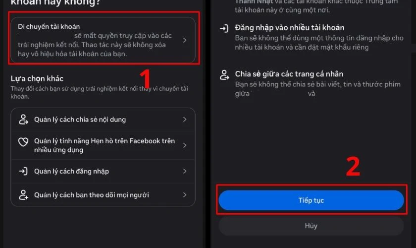Chọn tiếp Di chuyển tài khoản, nhấn Tiếp tục