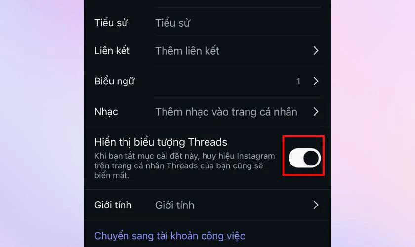 Bỏ chọn "Hiển thị biểu tượng Threads" để gỡ Threads trên Instagram