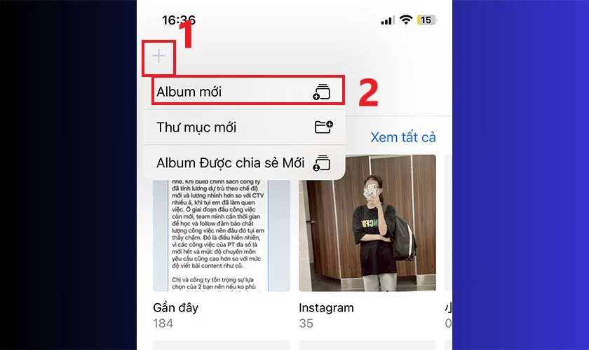Nhấn vào biểu tượng dấu + trên cùng rồi chọn Album mới