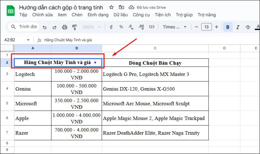 Cách gộp ô trong GG Sheet bằng tùy chọn