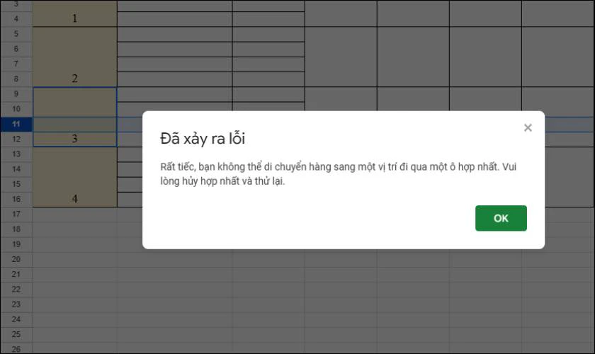 Các lỗi thường gặp khi gộp ô trong GG Sheet