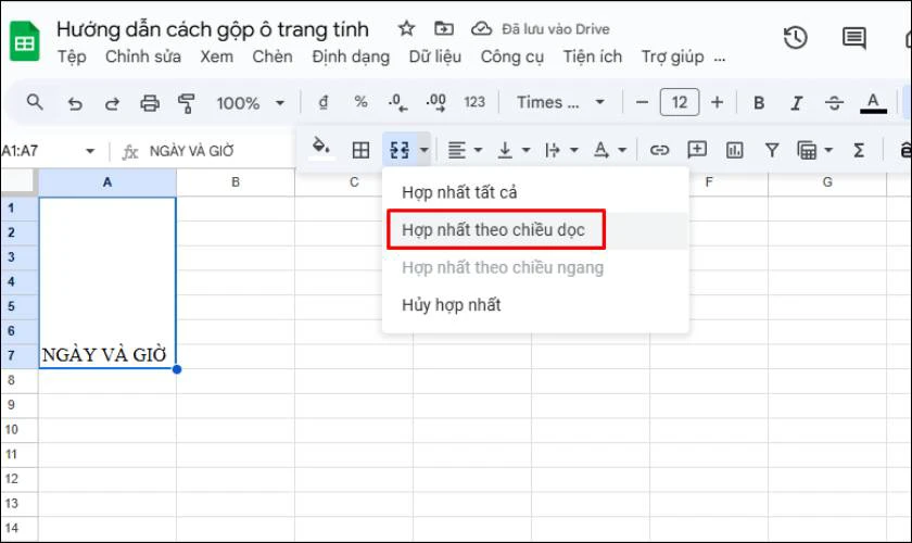 Tuỳ chọn gộp ô Merge vertically