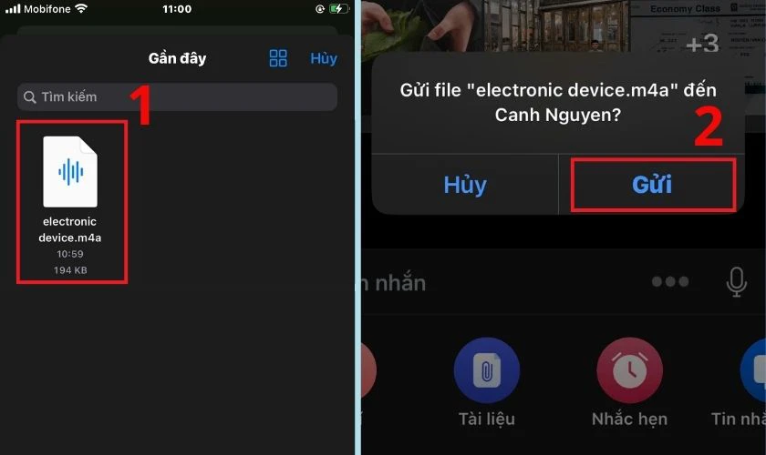Đến nơi lưu trữ file ghi âm, chọn tệp và nhấn Gửi để hoàn tất