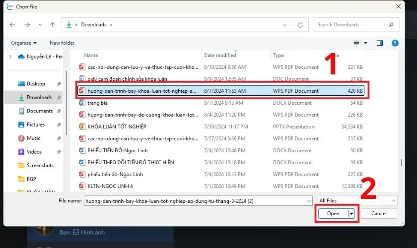 Nhấn Open để gửi, hoặc kéo – thả trực tiếp file vào cửa sổ chat