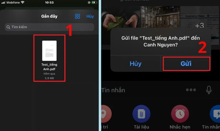 Tìm và chọn file PDF trong điện thoại và nhấn Gửi để hoàn tất
