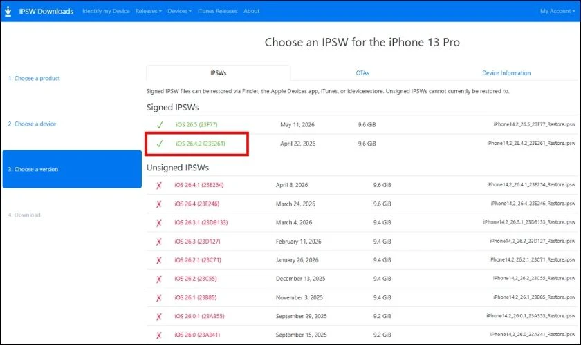 Kiểm tra trạng thái Signed và tải Firmware iOS 26.4