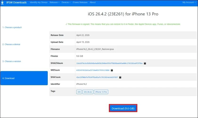 Nhấn nút Download để tải tệp .ipsw