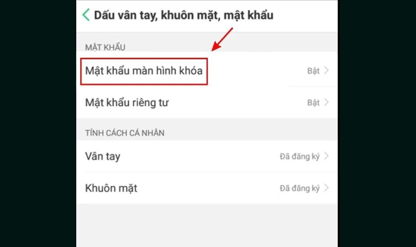 Nhấn chọn vào mục Mật khẩu màn hình khóa