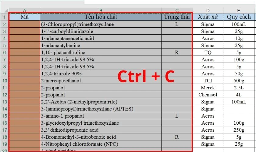 Nhấn Ctrl + C để sao chép