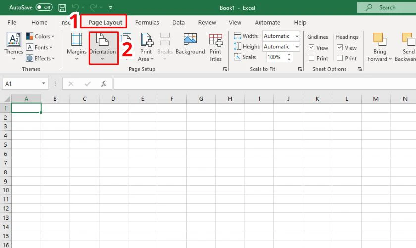 Chọn vào tab Page Layout rồi chọn sau đó chọn vào Orientation