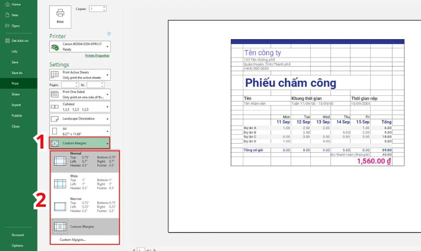 Tùy chọn thông số trước khi in trong Custom Margins