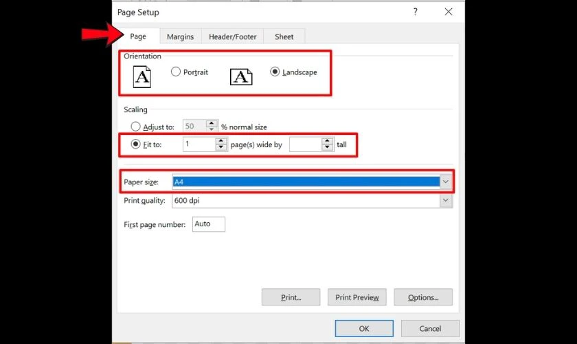 Chọn Page và tùy chỉnh bố cục trang trước khi in