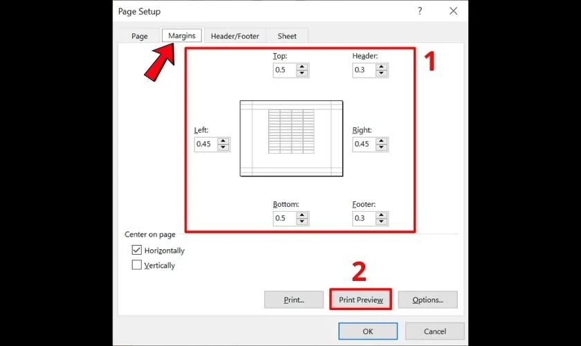 Điều chỉnh lề trong tab tab Margins