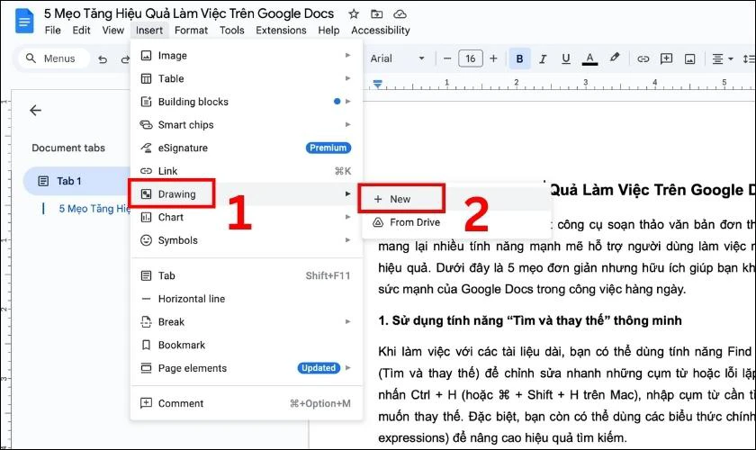 Cách tạo đường kẻ trong Google Docs bằng công cụ Drawing nhanh