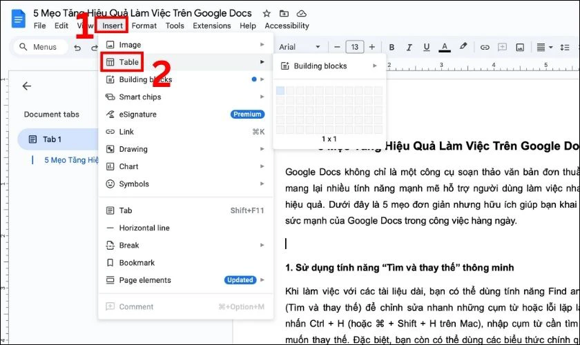 Cách tạo đường kẻ trong Google Docs bằng bảng Tables
