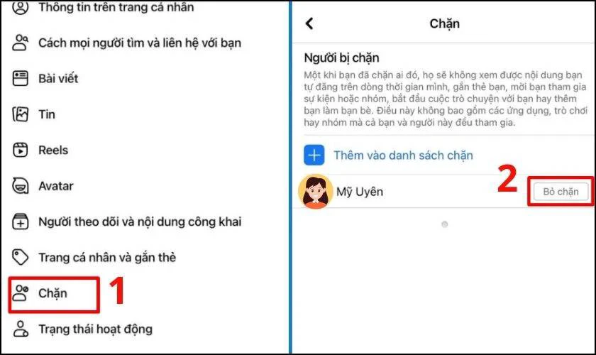 Tìm người bạn muốn kết bạn lại và bấm Bỏ chặn