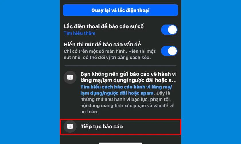 Chọn Tiếp tục báo cáo