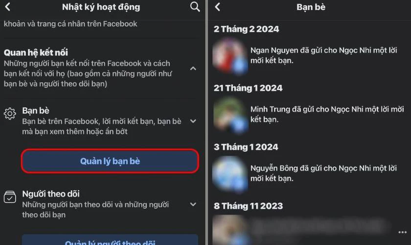Chọn Quản lý bạn bè để xem chi tiết danh sách bạn bè và thời gian đã kết bạn