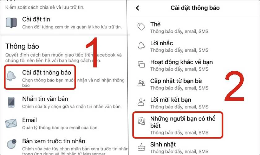 Chọn Cài đặt thông báo và nhấn vào mục Những người bạn có thể biết.