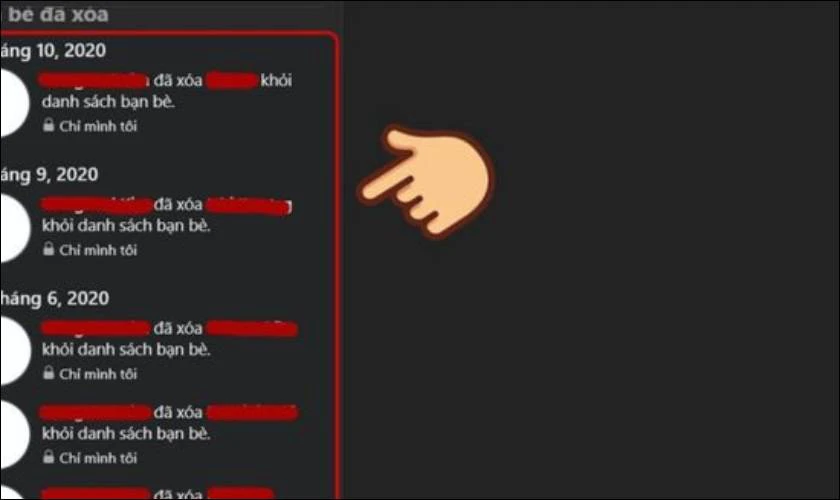 Facebook sẽ hiển thị danh sách những người bạn đã từng xóa như hình dưới đây