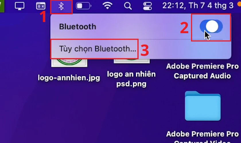 Nhấn vào biểu tượng Bluetooth bên trên góc phải màn hình MacBook