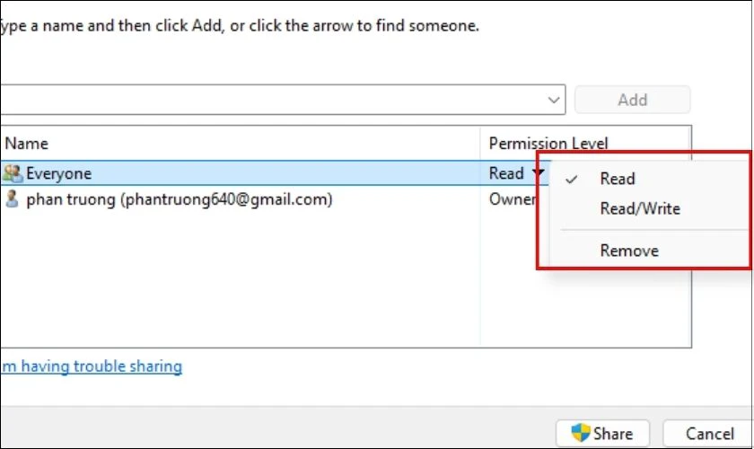 Điều chỉnh quyền chia sẻ Read, Read/Write