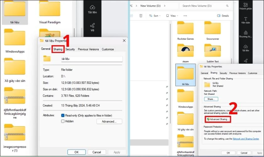 Tại mục Sharing, nhấn nút Advanced Sharing…