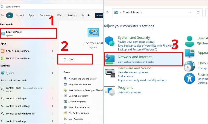 Gõ tìm Control Panel và chọn Network and Internet