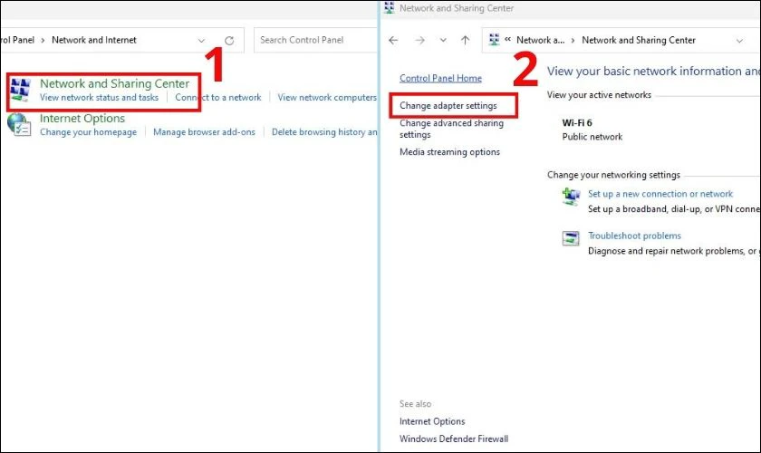 Chọn Network and Sharing Center và chọn tiếp mục Change adapter settings