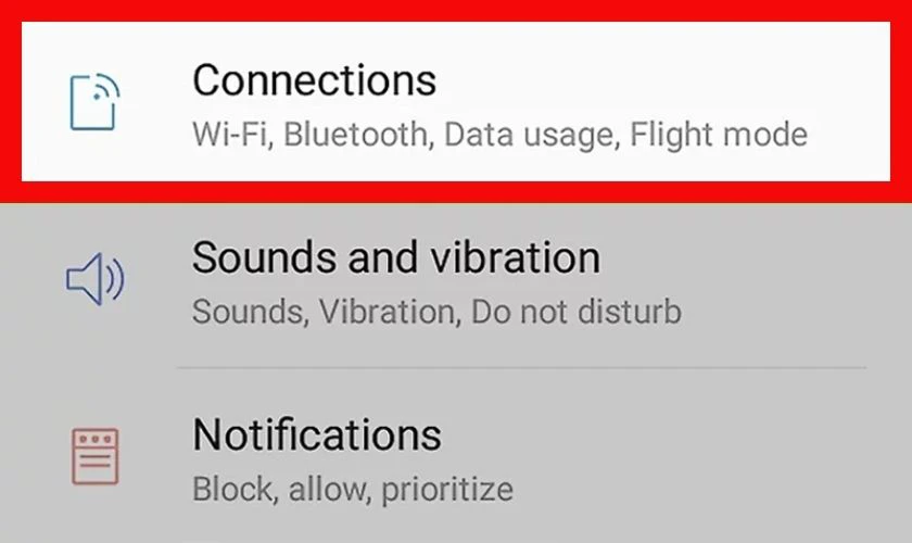Trong phần Cài đặt, tìm và nhấn vào mục Kết nối (Connections)
