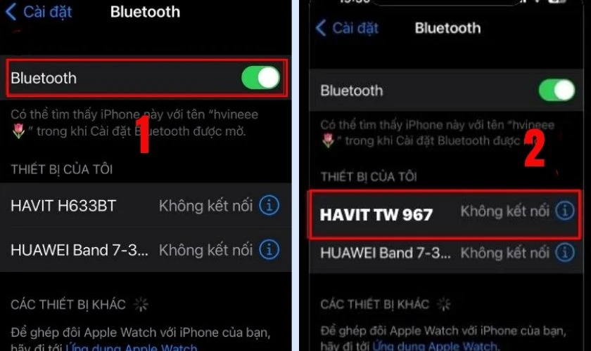 Tìm tên thiết bị trong danh sách Bluetooth và xác nhận kết nối