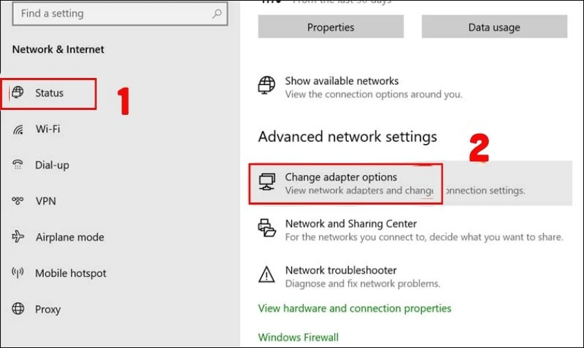 Trong mục Status, chọn Change adapter options