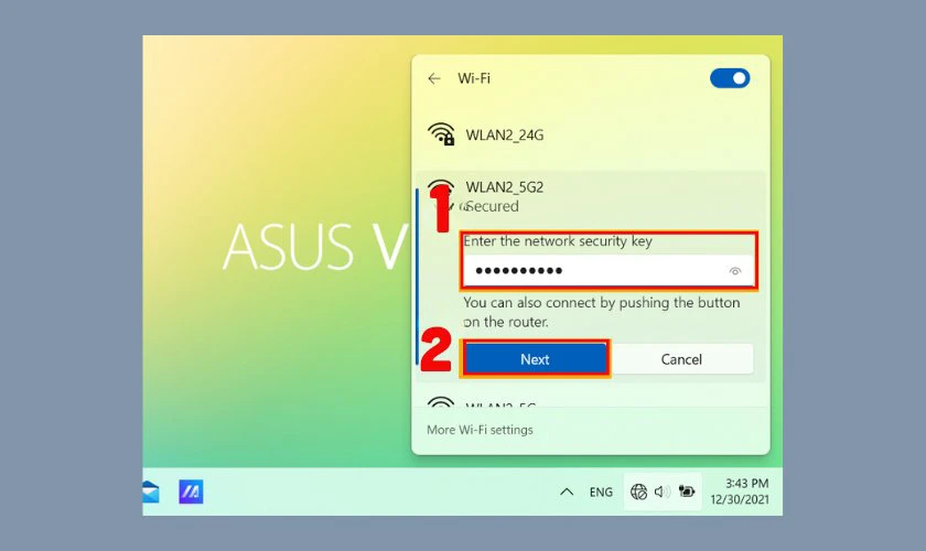 Nhập mật khẩu WiFi (nếu có) tại ô Enter the network security key