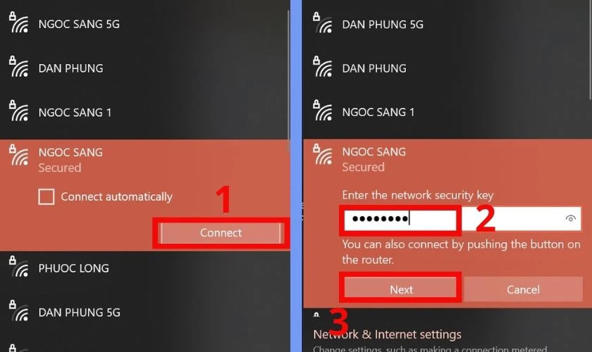 Chọn một mạng và nhập mật khẩu