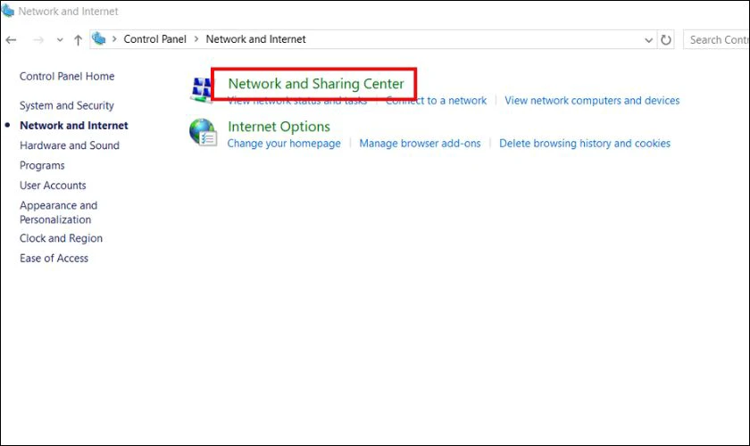 Chọn Network and Sharing Center