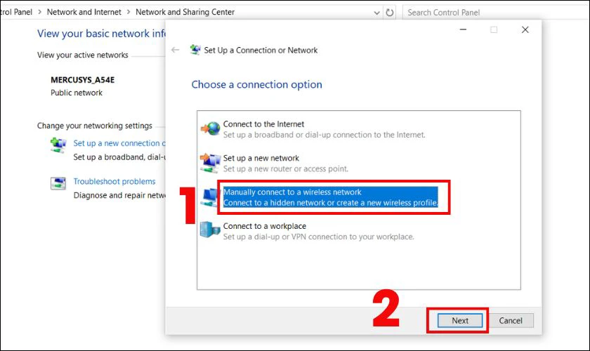 Nhấn Manually Connect To A Wireless Network, rồi chọn Next