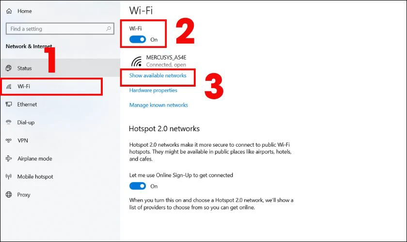 Nhấn Wifi, chuyển thanh gạt Wifi sang On