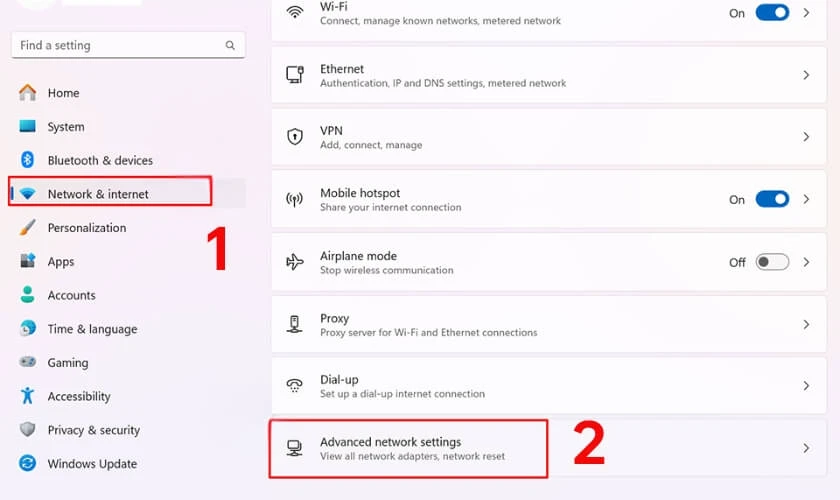Chọn Network & Internet trong giao diện cài đặt