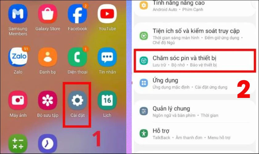 Vào Cài đặt, chọn Chăm sóc pin và thiết bị