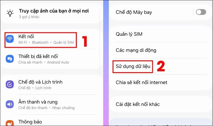 Vào Cài đặt trên điện thoại Samsung, chọn vào Kết nối, sau đó chọn Sử dụng dữ liệu