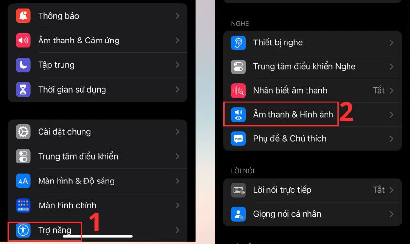 Vào Trợ năng và chọn Âm thanh & hình ảnh