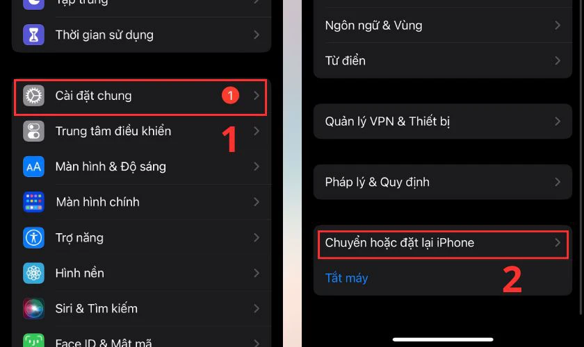 Vào Cài đặt chung và chọn Chuyển hoặc đặt lại iPhone