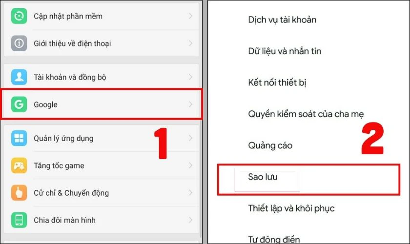 Chọn mục Google, sau đó nhấn vào Sao lưu
