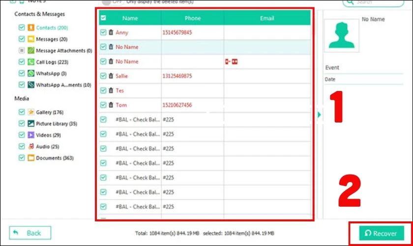 Chọn tin nhắn muốn khôi phục rồi nhấn Recover
