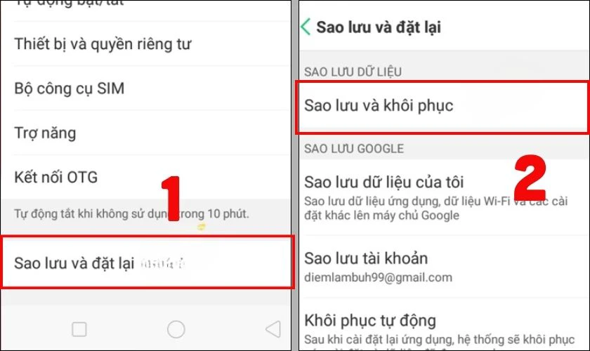 Chọn Sao lưu & đặt lại chọn Sao lưu & Khôi phục