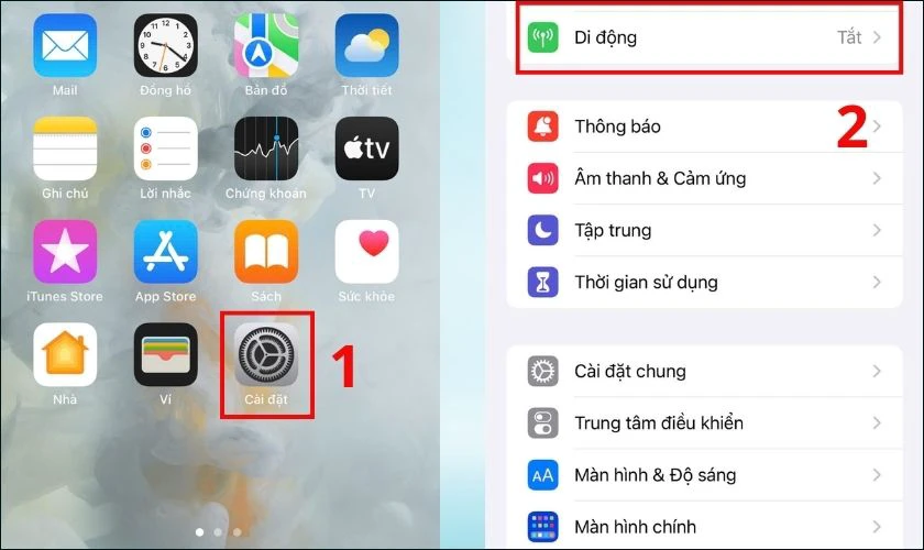 Cuộn xuống và chọn mục Di động hoặc Dữ liệu di động