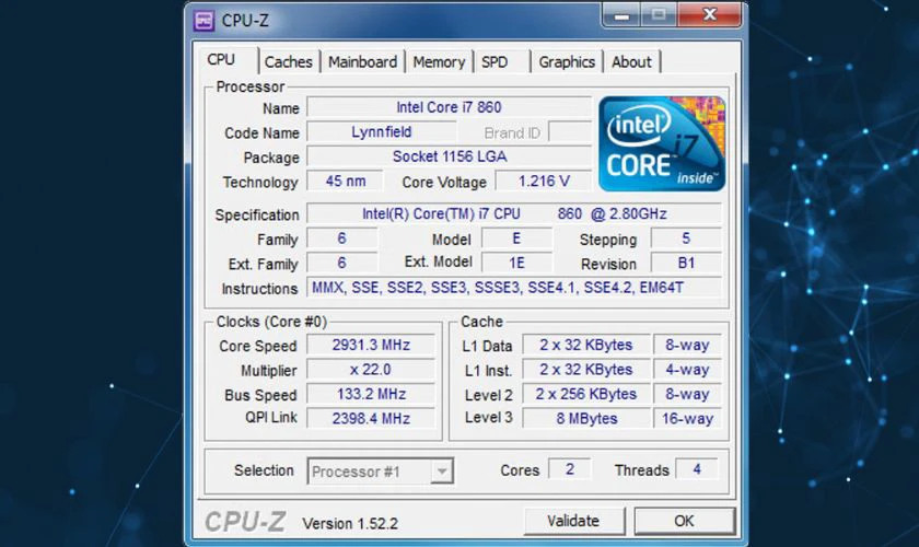 Kiểm tra bằng phần mềm CPU-Z