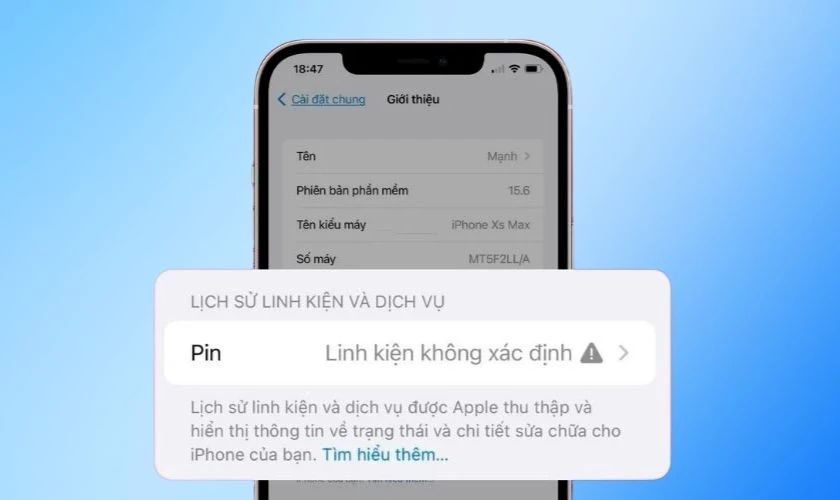 Kéo xuống phần Lịch sử linh kiện và dịch vụ để kiểm tra trạng thái màn hình